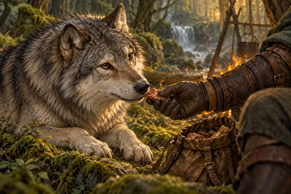 Ein Wolf nimmt Futter aus der Hand einer Jägerin an.