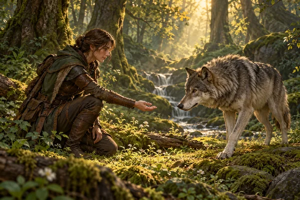 Eine Jägerin nähert sich ruhig einem Wolf im Wald.